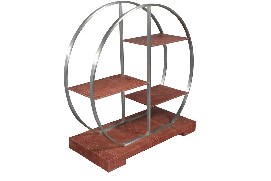 Open shelving within a round metal frame · FAC-0244